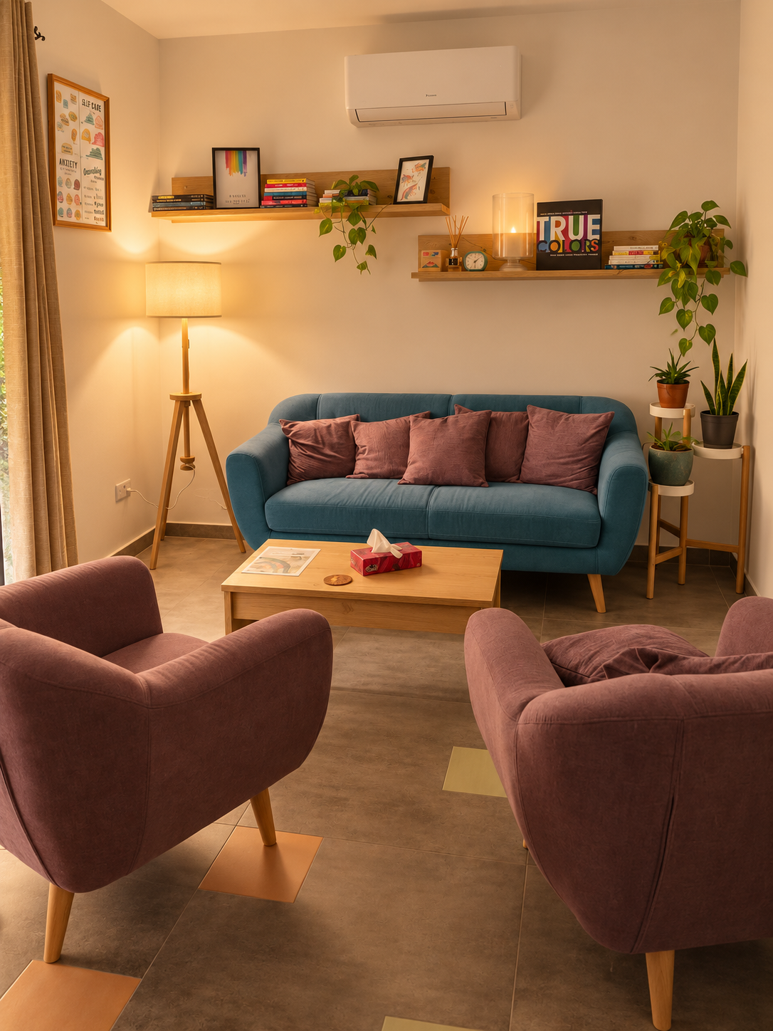 Therapy room at Terapija.care with seating, books, plants and warm lighting